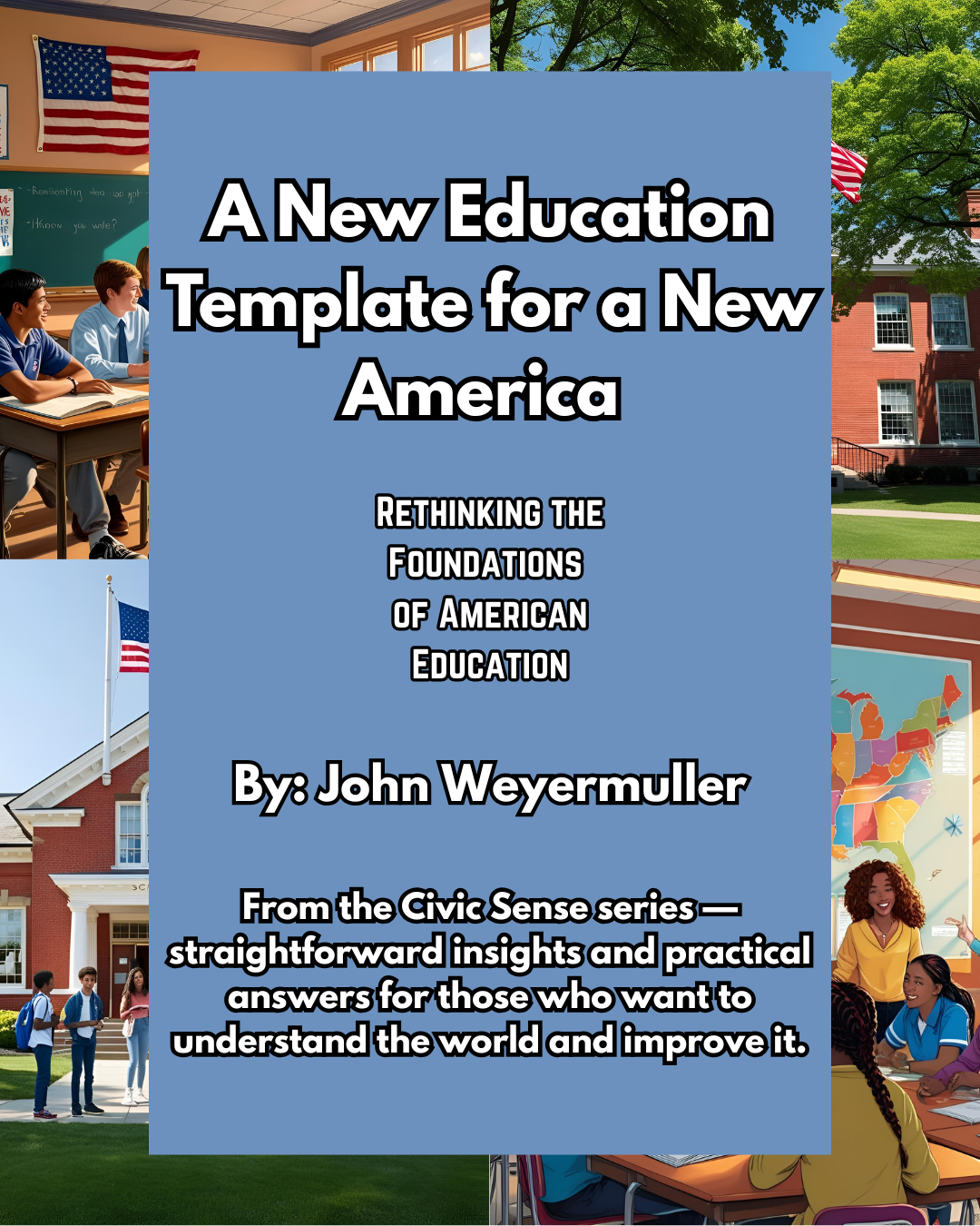 A stack of four books with titles in black text on beige spines, sitting on a white shelf, with labels for different perio...