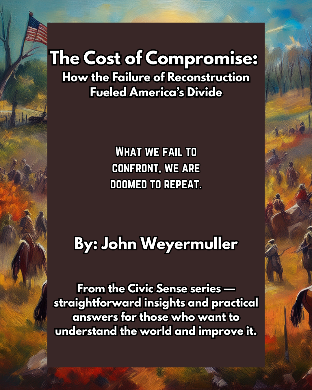 A stack of four books with titles in black text on beige spines, sitting on a white shelf, with labels for different perio...