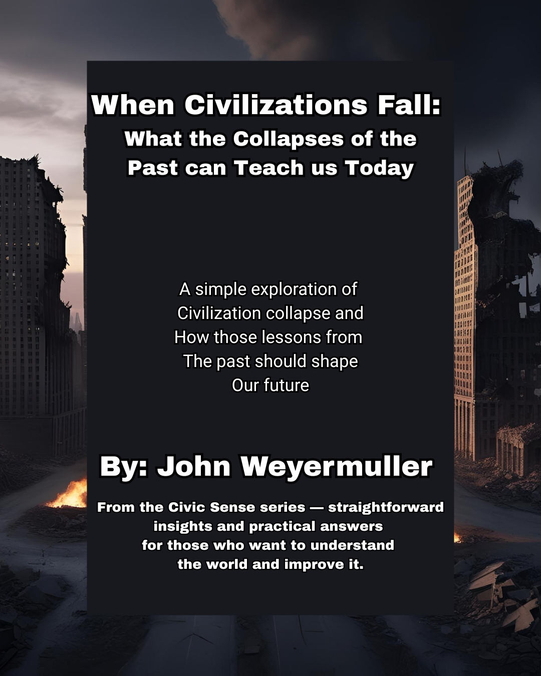 A stack of four books with titles in black text on beige spines, sitting on a white shelf, with labels for different perio...